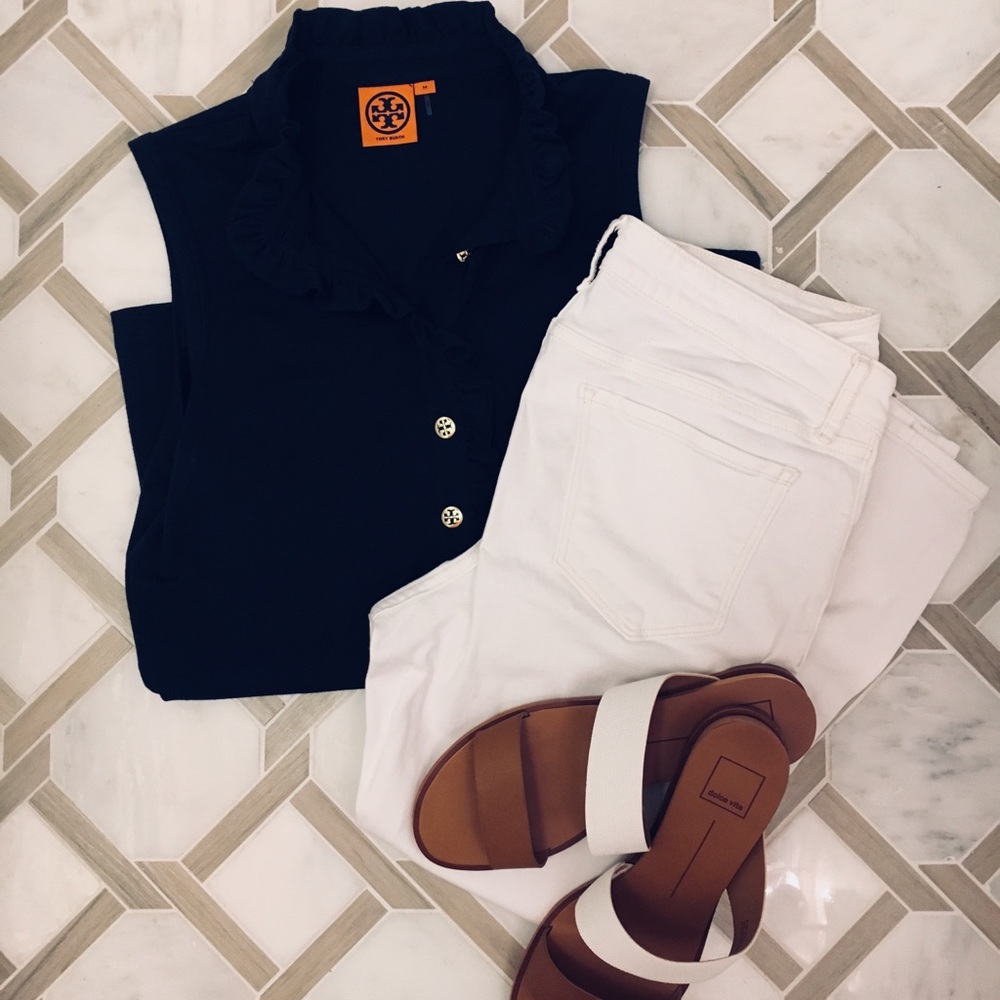 Tory Burch Navy Ruffle Collar Sleeveless Tank
